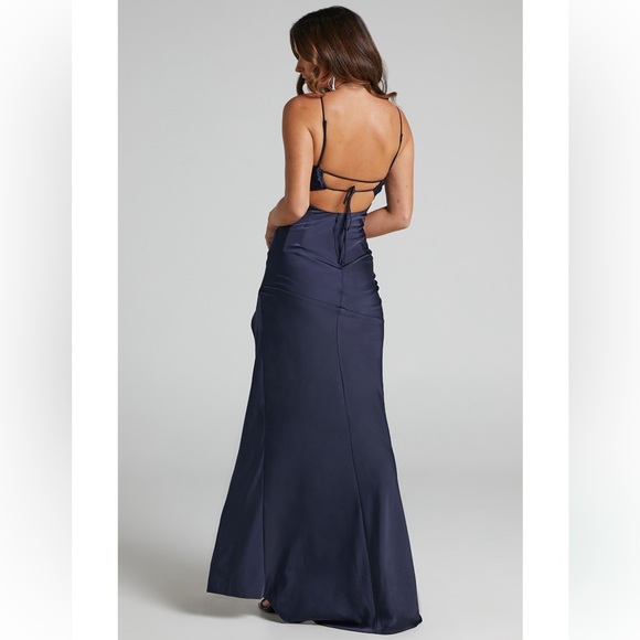 Satin Navy Cowl Neck Elegant Maxi Dress - Picture 4 of 6